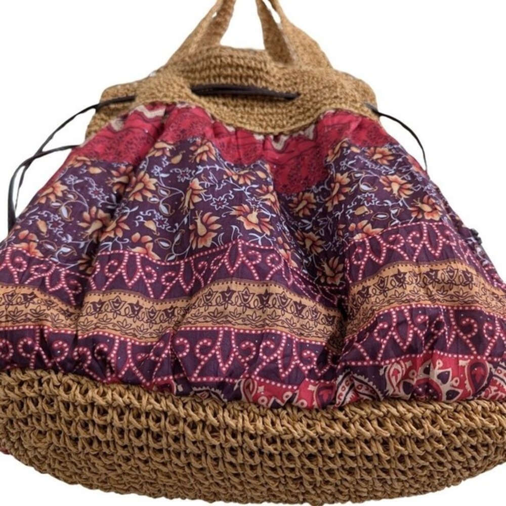 Boho Tote Shoulder Cinch Bag‎ Drawstring Closure Woven Straw Geometric Pattern - Picture 4 of 14